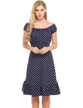 

Blue Vintage Style Polka Dot Ruffles Boat Neck Short Sleeve A-Line Dress, Multicolor