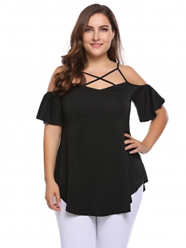 

Black Women Plus Size Casual Cross Front V-Neck Strappy Cold Shoulder Half Sleeve Loose T-Shirt, Multicolor