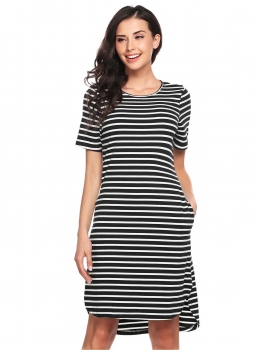 

Black Striped Slim Curved Hem Dress with Pocket, Multicolor