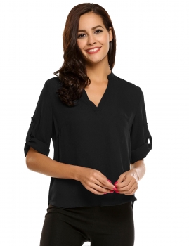 

Black V-Neck Half Sleeve Solid Asymmetry Hem Chiffon Blouse, Multicolor