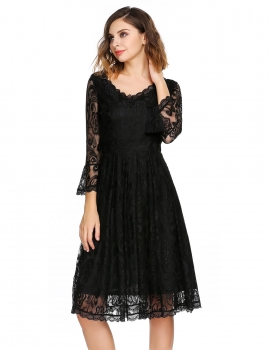 

Black 3"4 Flare Sleeve Floral Lace V-Neck Cocktail Evening Dress, Multicolor