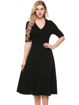 

Black Vintage Style Half Sleeve Fit and Flare Dress, Multicolor