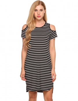 

Black Cold Shoulder Split Hem Striped Casual Dress, Multicolor