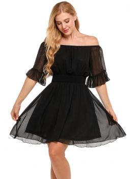 

Black Off The Shoulder Half Ruffle Sleeve Solid Chiffon A-Line Dress, Multicolor