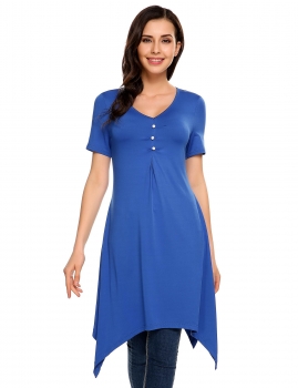 

Blue V-Neck Short Sleeve Solid Asymmetry Hem Button Tops, Multicolor