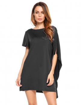 

Black O-Neck Short Sleeve Solid Loose Asymmetry Mini Dress, Multicolor