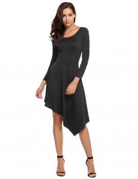 

Black O-Neck Long Sleeve Solid Asymmetry Hem Dress, Multicolor
