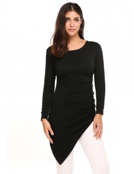 

Black Irregular Ruched Long Sleeve Button Solid T Shirts, Multicolor