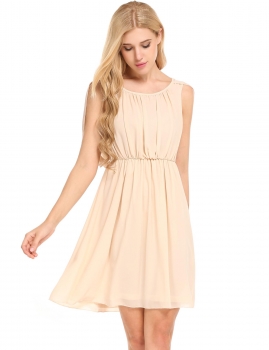 

Beige O-Neck Sleeveless Solid Pleated Hem Chiffon Dress with Lining, Multicolor