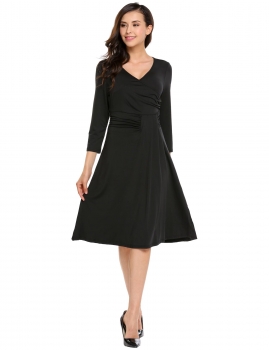 

Black Casual Wrap Front Cross V Neck 3"4 Sleeve Solid Slim Dress, Multicolor