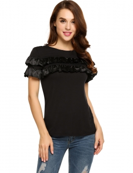 

Black Ruffles O-Neck Short Sleeve Solid Tops, Multicolor