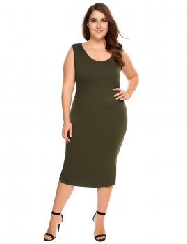 

Army green Scoop Neck Solid Split Bodycon Tank Dress Plus Size, Multicolor