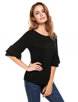 

Black Ruffle Sleeve Round Hemline Solid Loose Pullover T-Shirt, Multicolor