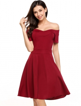 

Wine red Vintage Short Sleeve Solid Off the Shoulder Elegant Swing Dress