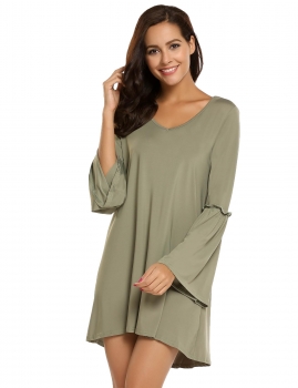 

Army green Fashion V-Neck Long Sleeve Solid Mini Dress, Multicolor