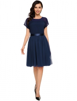 

Dark blue Short Sleeve Mesh Patckwork Belted Dress, Multicolor