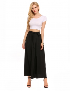 

Black High Waist Solid Flare Maxi A-line Belted Skirt, Multicolor
