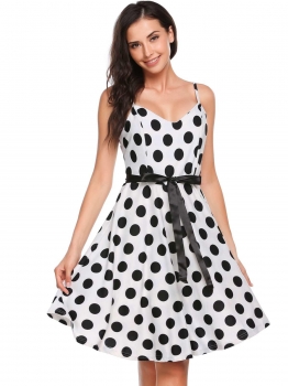 

Black white Sleeveless Belt Dot V Neck A-line Dress, Multicolor