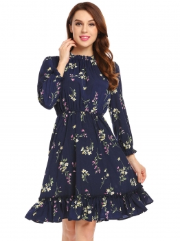 

Dark blue Women Ruffled Collar Long Sleeve Hem Elastic Waist Floral Casual Dress, Multicolor