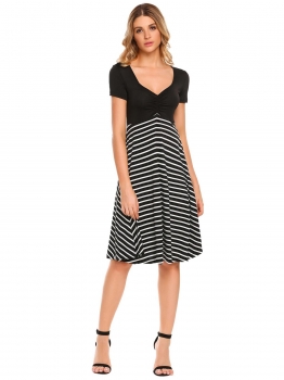 

Black Sweetheart Neck Short Sleeve Striped Draped Empire Waist Dress, Multicolor