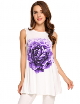 

Purple Floral Print Sleeveless Stretchy Loose Fit Tank Tops, Multicolor