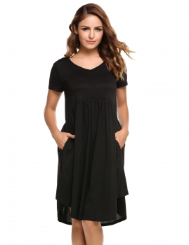 

Black Solid Draped Casual Loose Tunic Pockets Dress, Multicolor