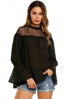 

Black Flare Sleeve Chiffon Patchwork Loose Casual Tops, Multicolor