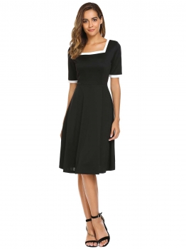 

Black Vintage Style Square Neck Contrast Trim Swing Dress, Multicolor