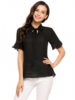 

Black Bow Tie Collar Short Ruffle Sleeve Solid Chiffon Blouse, Multicolor