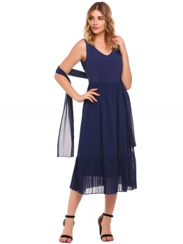 

Navy blue V-Neck Sleeveless Chiffon Dress with Belt, Multicolor