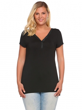 

Black Plus Sizes Solid V-Neck Short Sleeve Side Split Tops, Multicolor
