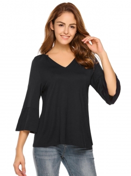 

Black V-Neck Flare Sleeve Solid Loose Tops, Multicolor