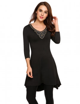 

Black Beads V-Neck 3"4 Sleeve Patchwork High Low Hem Dress, Multicolor