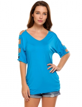 

Blue Hollow Out Half Sleeve Solid V-Neck Elastic Pullover Tops, Multicolor