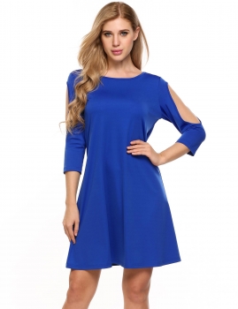 

Blue Cut Out 3"4 Sleeve Solid O-Neck Loose Fit Dress, Multicolor