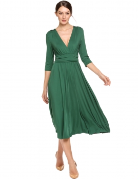 

Dark green V-Neck 3"4 Sleeve Ruched Waist Solid Casual Midi Dress, Multicolor