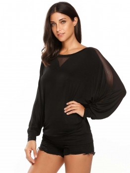 

Black O-Neck Bat Short Sleeve Mesh Patchwork Tops, Multicolor