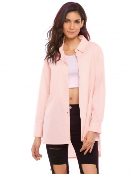 

Pink Long Sleeve Button Down Asymmetric Hem Loose Solid Shirt, Multicolor