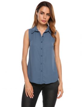 

Blue Solid Sleeveless Button-up Slim Fit Chiffon Shirt, Multicolor