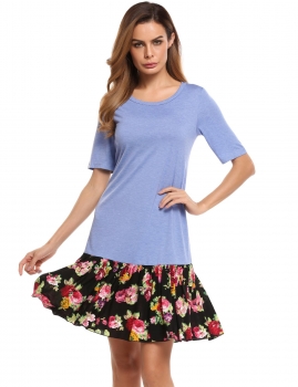 

Blue Floral Patchwork Half Sleeve Ruffle Hem Loose Fit Dress, Multicolor