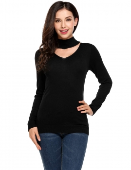 

Black Stand Neck Hollow Front Long Sleeve Slim Thin Knit Sweater, Multicolor