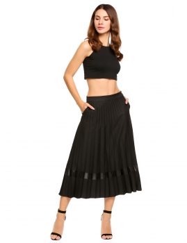 

Black High Waist Solid Calf Length Pleated Skirt, Multicolor