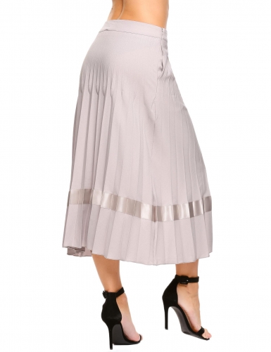 grey high waist solid calf length pleated skirt