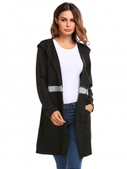 

Black Hoodie Long Sleeve Patchwork Open Front Knit Cardigan, Multicolor