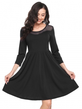 

Black Round Neck Organza Patchwork A-Line Dress, Multicolor