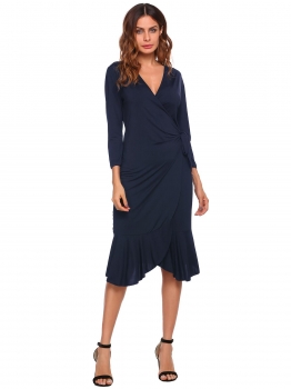 

Blue 3"4 Sleeve Solid Ruffled Bodycon Dress, Multicolor