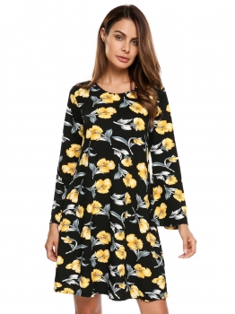 

Black Casual Flare Sleeve Floral Print O Neck Shift Dress, Multicolor