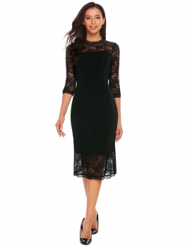 

Black 3"4 Sleeve Lace Patchwork Bodycon Dress, Multicolor