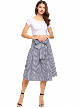 

Navy blue High Waist Striped Calf Length Pleated Skirt with Belt, Multicolor