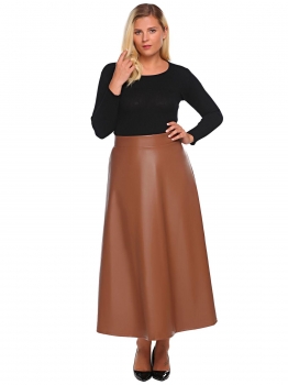 

Brown Plus Size Synthetic Leather High Waist A-Line Maxi Skirt, Multicolor